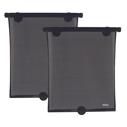 Nuby 14" Roller Vehicle Side Window Sun Protection Shade for Baby | 2 Pack | Pull Down with Suction Cups and Press Button Roll Up | Black - style: Roll Down