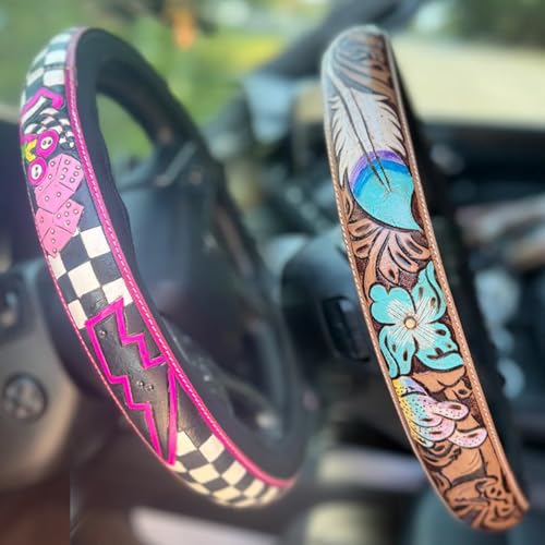 Western Cowboy Steering Wheel Cover Leather, Retro Car Tooled Leather Steering Wheel Cover, Embossed Hand-Painted Universal Anti-Slip - color: N Color