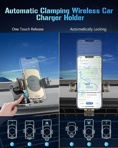 Wireless Car Charger, Fast Charging Phone Holder 3 in 1 Phone Mount Auto Clamping Car Accessories Compatible with iPhone 17 16 15 14 13 12 11 Xs XR, Samsung S23 Ultra S22 S21 S20(Amber Yellow) - color: Amber Yellow