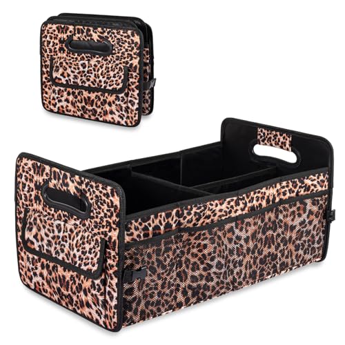 JiatuA Car Trunk Organizers and Storage Collapsible Multi Compartment Container Box, Adjustable Car Accessories for SUV Sedan Truck, Large Size, Leopard Print - color: Leopard print, size: Large