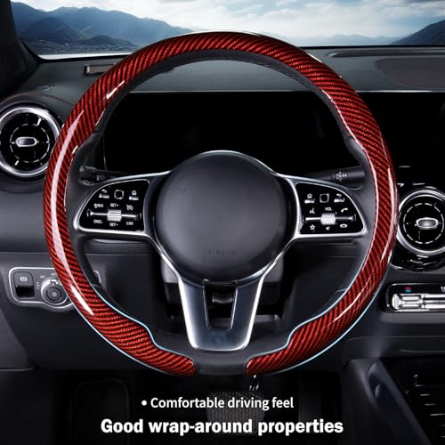 Car Steering Wheel Cover Carbon Fiber Snap On Steering Wheel Accessories Wrap 14.5-15 inch Universal Grip Anti-Skid Protector, Glossy Red - color: Glossy Red