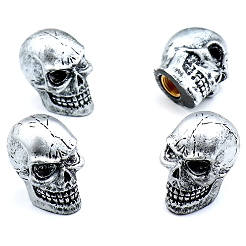 Cars Tires Valve Stem Caps Cover Dustproof Cool Skull Head Fit Most Vehicle SUV Bike Trucks Motorcycles 4 Pcs/Set（Silver） - color: silver