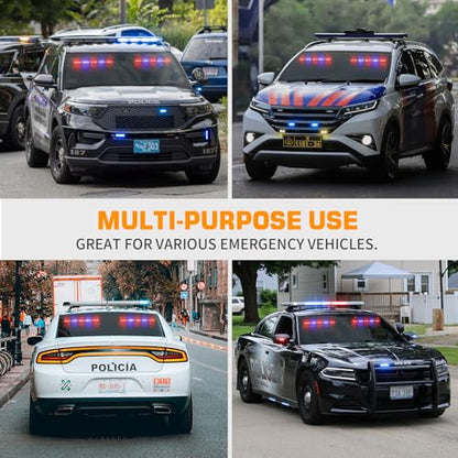 XRIDONSEN 2x 17 inch Emergency Dash Police Lights 40 LED Red Blue Police Light Bar Interior Front/Rear Windshield Strobe Lights Safety Warning Hazard Caution w/Suction Cups for Vehicles Trucks Car - color: Red/Blue