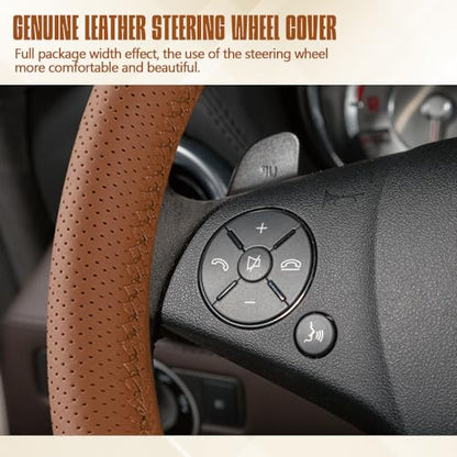 Leather Steering Wheel Cover Lace Up, Car Wheel Cover, Universal Car Steering Wheel Protector, 15 inch, Brown, Hole - color: Brown, size: 15 inch - Hole
