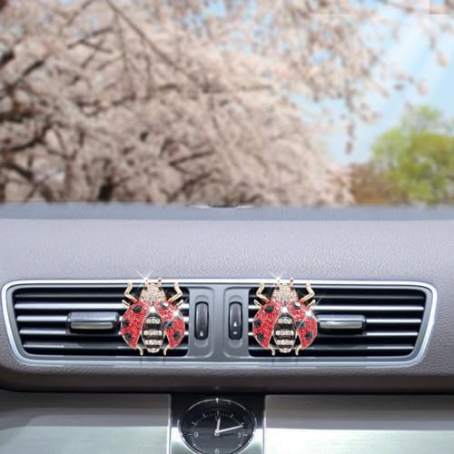ORIESSE Ladybug Car Accessories,2pcs Red Bling Lady bug Air Vent Clips Car Air Freshener,Cute Dashboard Decorations Gift for Women,Girly Refillable Diffuser with Felt Pads