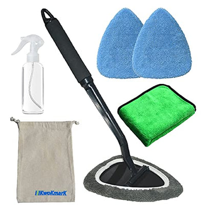 Windshield Cleaner Tool Car Window Cleaning Wand Glass Microfiber Brush Bigger Pad Thicker Softy Cloth, with Towel Spray Bottle Cloth Bag Kit TTL 6Pcs