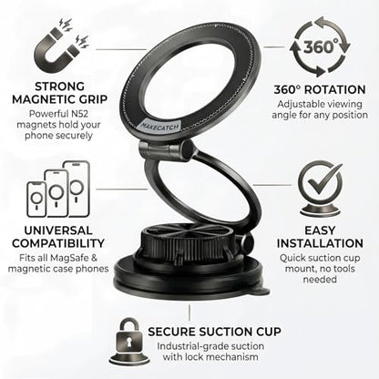 Magnetic Car Phone Mount, 0.83" Ultra-Slim Foldable Holder, [Vacuum Suction & Adhesive Pad] for Textured Dashboard/Windshield, 3-Joint Metal MagSafe Mount for iPhone 17 Pro Max/Pixel (Black) - color: Black