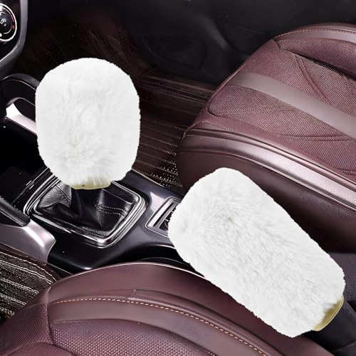 Hovom 2PCS Fluffy Car Gear Shift Knob Cover & Handbrake Cover, Soft Plush Hand Brake Handle & Gear Shift Cover for Women Girls, Universal Comfortable Warm Furry Car Accessories (White) - color: White