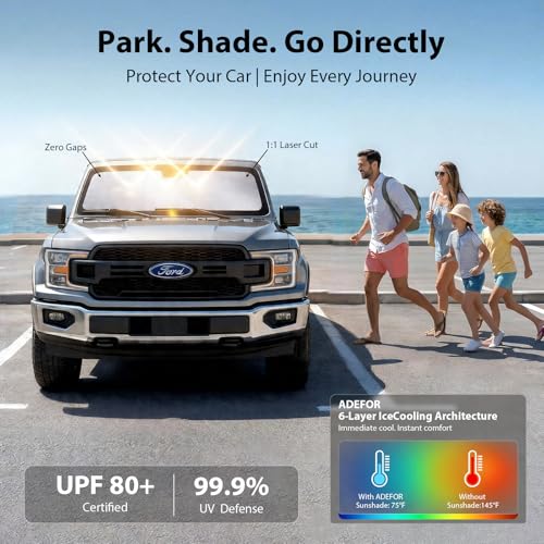 Upgraded Windshield Sun Shade for Ford F-150/Explorer, Trucks & SUVs [Nano Ice-Crystal Cooling, 99.9% Sun Protection] Foldable Sunshade with Storage Bag, Car Accessories, L(64 x 34 in) - size: L | 64"L x 34"W