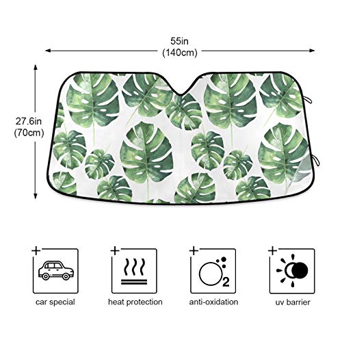 Windshield Sun Shade Watercolor Palm Leaves Foldable Car Window Shade Blocks UV Rays Sun Visor Protector Sunshade - color: Leaves