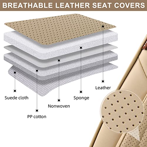 TIEHESYT Beige Car Seat Covers Full Set, Breathable Leather Automotive Front and Rear Seat Covers & Headrest, Automotive Seat Cover, Compatible with Most Cars Sedans SUV Pickup Trucks - color: Faddish Beige, size: Front Pair and Rear