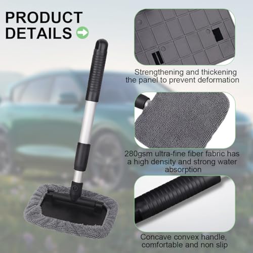 Car Windshield Cleaning Tool, Vehicle Window Cleaner with 3 Reusable Pads & Extendable Handle, Automotive Glass Wiper Wash Kit for Interior Exterior, Universal for Vehicles (Rectangular) - size: Rectangular