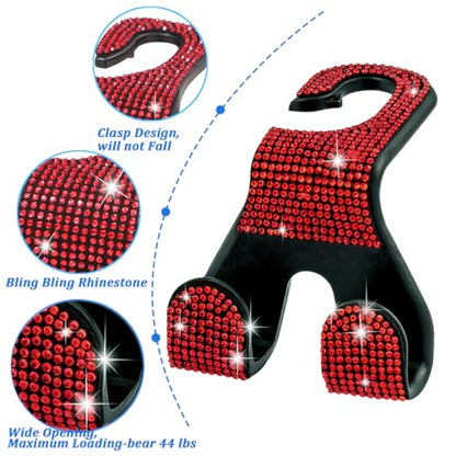 Bling Car Purse Hooks 2Pcs, Durable Car Headrest Hook, Holds 44Lbs, Double-Hooks, Wide-Opening, Rhinestone Automobile Purse Hangers Holder, Bling Car Accessories for Women, Red - color: Bling Red