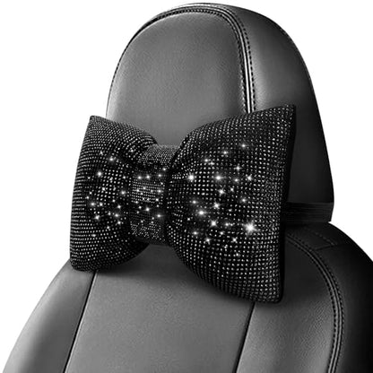 surpassme 2PCS Rhinestone Car Headrest Neck Pillow for Driving with Bling Bling Crystal Bow Pillow Car Accessories for Women (Black) - color: 2 Black Pillows