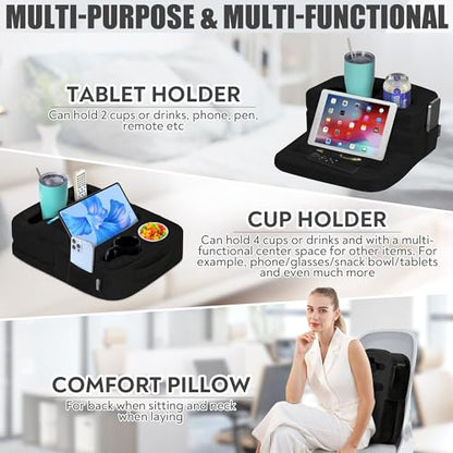 TabCouchCaddy - Couch Cup Holder Tray Pillow - Bed, Couch Caddy, Sofa, RV & Car - Holds Drinks, Snacks, Remotes, Phones, Kindle, Tablet | Bed Cup Holder (Black)
