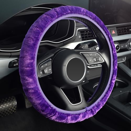 KAFEEK Purple Elastic Fuzzy Steering Wheel Cover, Microfiber Plush Steering Wheel Cover for Woman Girl,Winter Warm, Universal 15 inch - color: Purple