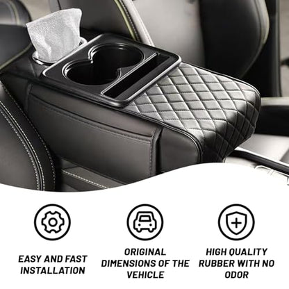 Car Armrest Cushion, 5 in 1 Center Console Cover with 2 Cup Holders, Phone Holder, Tissue Holder, Storage Bag, Multifunctional Leather Heightened Car Armrest Cushion for Most Cars（Black - color: Black