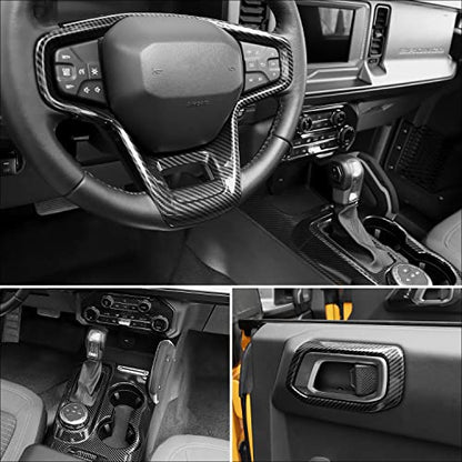 RAZPOY for Bronco 9PCS Interior Kit, Gear Shift Panel Cover, Steering Wheel Trim, Inner Door Handle Cover Compatible with 2021-2024 Ford Bronco Carbon Fiber Interior Accessories 4-Door