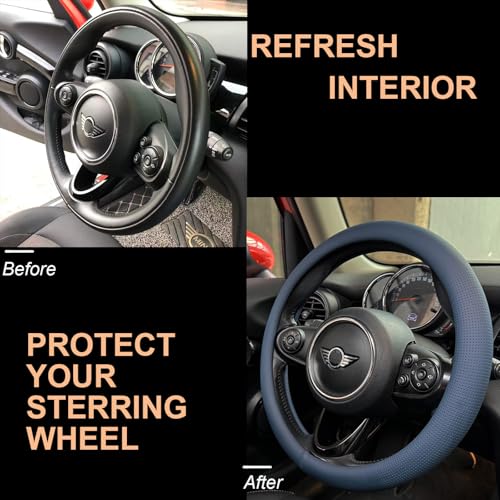PINCTROT Nappa Leather Steering Wheel Cover, Slim Fit No Bulk Design, One Piece Leather with Breathable Perforation, Fit Like Gloves, Universal 14.5-15 Inch(Nappa Smoky Blue) - color: 03.Smoky Blue, size: Medium(Standard) Size[14 1/2''-15'']