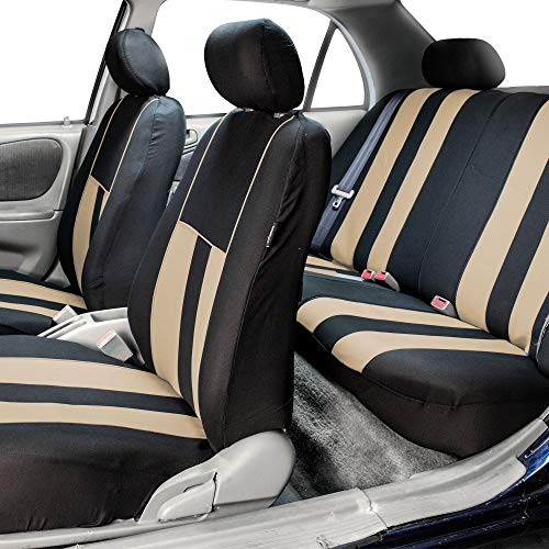 FH Group Three Row Striking Striped Full Set Car Seat Covers, Airbag Compatible & Split Ready – Universal Fit for Cars Trucks & SUVs Beige - color: Beige, size: 3 Row/7 Seater