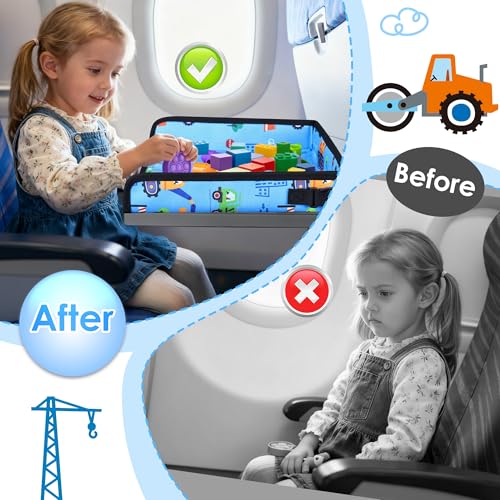 Kids Travel Tray Table Cover with Pockets – Toddler Airplane Essentials for Plane, Train, Car & Highchair, Portable Activity Board with Tablet Holder & Storage (Light Blue) - color: Light Blue