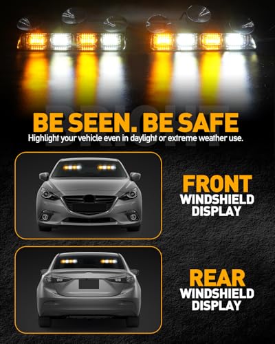 HLauto 2002L Emergency Dash Strobe Lights: Amber White Safety Lights, Flashing Warning Hazard Windshield Visor Traffic Light Bars for Trucks, Construction Vehicles (2x8.5 inch, 48LED) - color: Amber/White