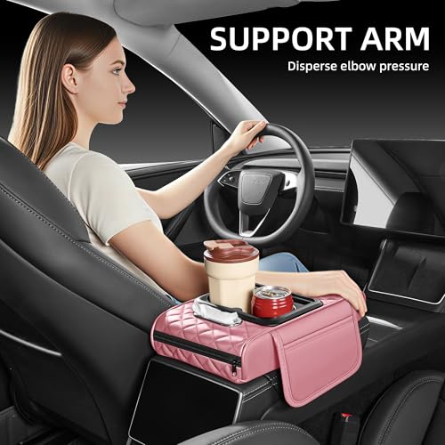 5 in 1 Car Center Console Cover, Armrest Pad with 2 Storage Pockets, Cup Holder, Tissue Box Slot, Phone Holder, Universal Car Interior Organizer (Pink) - color: Pink