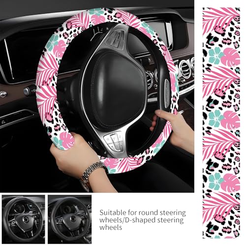 Steering Wheel Covers for Car, Truck, and SUV, Cute Non-Slip Breathable Elastic Steering Wheel, Car Accessories, Universal 15 Inch Leather Cover for Men Women Tropical Leaves Leopard - color: Tropical Leaves Leopard