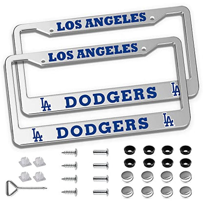 2 Piece License Plate Frames for Dodgers Fan, Anti-Dirty and Rustproof Aluminum Alloy License Plate Frames US Standard License Plate Holder with Screw Caps Set (D-Silver) - color: D-Silver