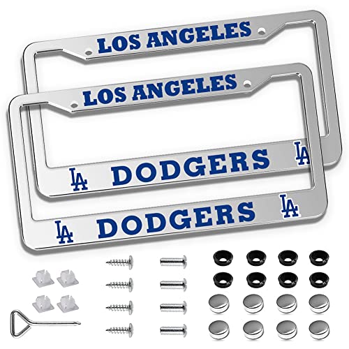 2 Piece License Plate Frames for Dodgers Fan, Anti-Dirty and Rustproof Aluminum Alloy License Plate Frames US Standard License Plate Holder with Screw Caps Set (D-Silver) - color: D-Silver