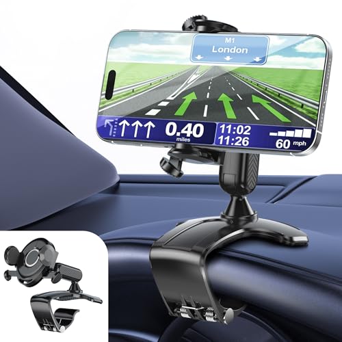 Car Phone Holder Dashboard Phone Mount, 2025 Upgraded 360 Degree Rotation Multifunctional Clip Design, Universal Car Phone Mount Compatible with 4–7 Inch Cell Phones (Black)