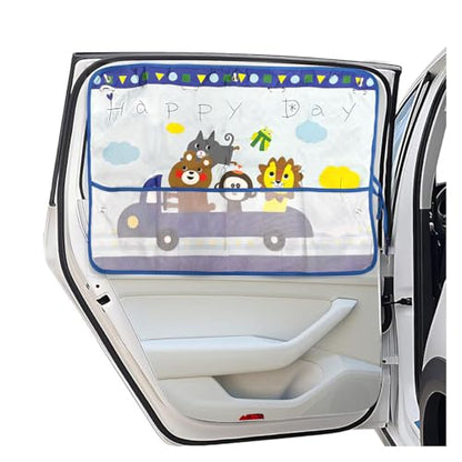 Car Window Shade for Baby, Blackout Car Window Curtain with Storage Pockets & 7 Suction Cups, Cartoon Pattern Cars Side Window Sun Shade Cover for Sun/Heat/UV Rays Protection (Blue-Animals) - color: Blue-Animals