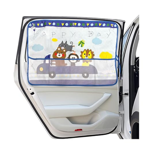 Car Window Shade for Baby, Blackout Car Window Curtain with Storage Pockets & 7 Suction Cups, Cartoon Pattern Cars Side Window Sun Shade Cover for Sun/Heat/UV Rays Protection (Blue-Animals) - color: Blue-Animals