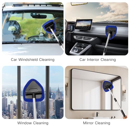 Qydipclin 10pcs Windshield Cleaning Tool Inside Car Window Cleaner Wash Kit with 4 Reusable Microfiber Pads 1 Spray Bottle and Extendable Handle Interior Auto Glass Wiper Kit, Blue - color: Blue