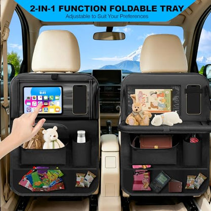 Car Backseat Organizer: Back Seat Storage Organizer for Kids with Tablet Holder, Heavy Duty Back Seat Protector with Foldable Table Tray, Kick Mats w/Pockets, Road Trip Essentials, 2 Count