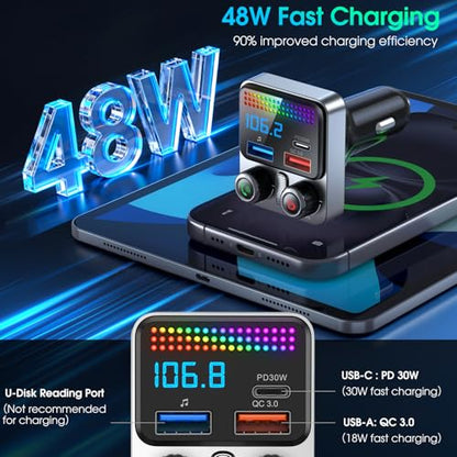 Bluetooth 5.4 Car Adapter 48W Charging USB Bluetooth Adapter for Car,Wireless Fm Transmitter Radio,Song Switching,Handsfree Calling and Audio Receiver,HiFi Music Player,Matrix LED Effects