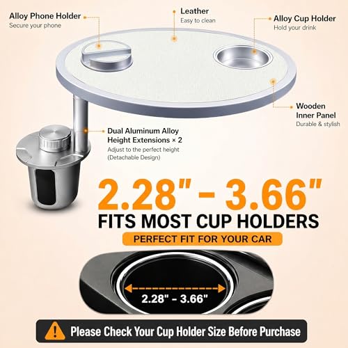 Car Food Tray & Car Table Tray with Car-Grade Aluminum Cup Holder & Phone Stand, Premium Wood with Leather Surface, 360° Rotating Car Desk for Laptop &Eating (Round, White) - color: 𝗥𝗼𝘂𝗻𝗱 · White