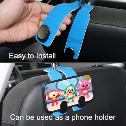 Purse and Bag Hook for Car, Zinc Alloy Seat Headrest Hooks, Upgraded Leather Car Seat Back Purses Hanger and Bags Holder (Blue, 2Pack) - color: Blue