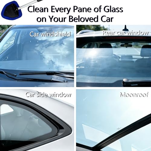 Microfiber Car Windshield Cleaning Tool with Extendable Handle,Car Defogging Glass Cleaning Brush with 4 Reusable Microfiber Pads 1 Spray Bottle and 1 Car Dust Removal Brush. (Blue) - color: blue