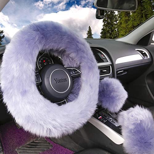 Yontree Fashion Fluffy Steering Wheel Covers for Women/Girls/Ladies Australia Pure Wool 15 Inch 1 Set 3 Pcs (Gray) - color: Gray, size: Long Wool