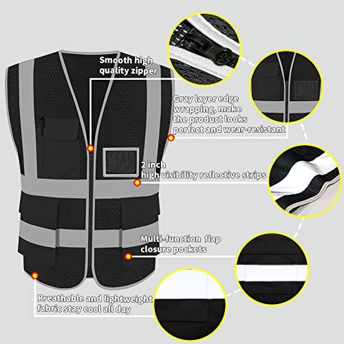 HYCOPROT High Visibility Mesh Safety Reflective Vest with Pockets and Zipper, Meets ANSI/ISEA Standards - color: Black, size: X-Large