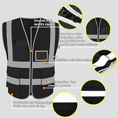 HYCOPROT High Visibility Mesh Safety Reflective Vest with Pockets and Zipper, Meets ANSI/ISEA Standards - color: Black, size: X-Large