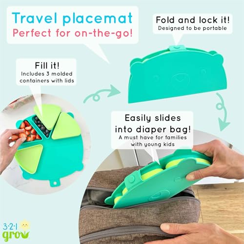 Silicone On-The-Go Snack Mat – Foldable Reusable Placemat with 3 Compartments and Lids – Travel-Friendly Baby and Toddler Snack Plate – Dishwasher Safe (Aqua) - color: Aqua