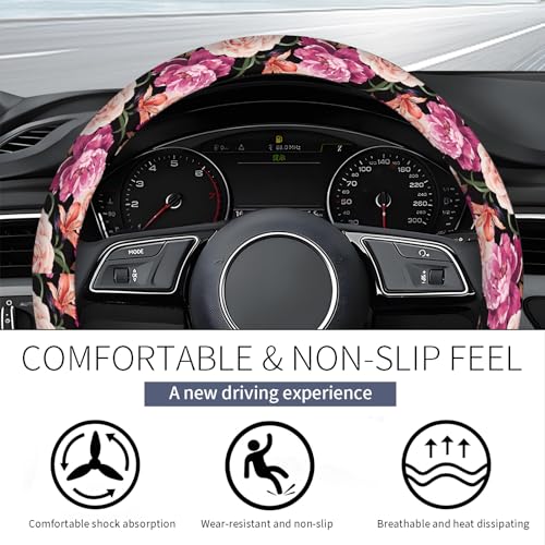 Steering Wheel Covers for Car, Truck, and SUV, Cute Non-Slip Breathable Elastic Steering Wheel, Car Accessories, Universal 15 Inch Leather Cover for Men Women Black Roses - color: Black Roses