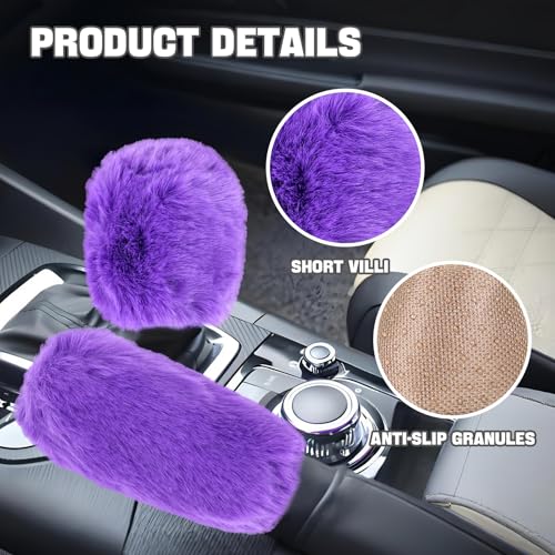 Hovom 2PCS Fluffy Car Gear Shift Knob Cover & Handbrake Cover, Soft Plush Hand Brake Handle & Gear Shift Cover for Women Girls, Universal Comfortable Warm Furry Car Accessories (Purple) - color: Purple