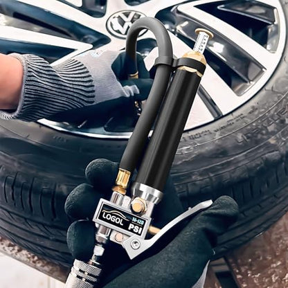 Tire Inflator with Pressure Gauge(10-120 PSI).Calibrated to ANSI B40.1 Grade B.w/Rubber Hose Lock on Air Chuck and Connect Coupler.