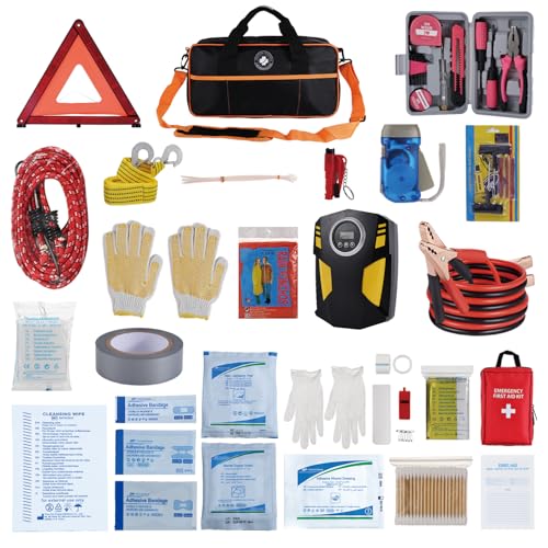 All-in-One Car Emergency Kit with Digital Tire Inflator, Jumper Cable, Tow Strap, Reflective Triangle, First Aid Kit, Hand Crank Flashlight, and Repair Tools for Roadside Safety (Black) - color: Black