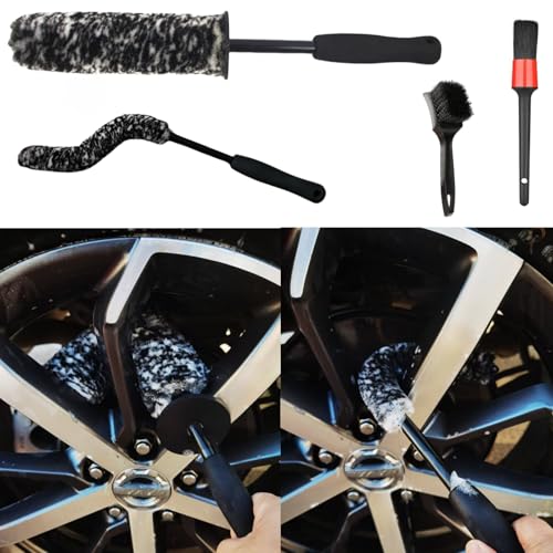 4PCS Wheel Brush Kit for Cleaning Wheel and Tire, Wheel and Rim Brush, Car Detailing Brushes, 360 Degree Bendable & Durable Car Wheel Rim Cleaner Brush Set (Grey) - color: Grey