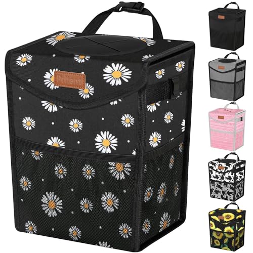 Pritent Car Trash Can with Lid, Cute Leakproof Car Trash Garbage Bag Hanging Vehicle Trash Bin Small Portable Automotive Garbage Cans Organizer for Back/Front Seat/Console(2.8 Gallons,Black Flower) - color: Black Flower, size: 2.8 Gallons