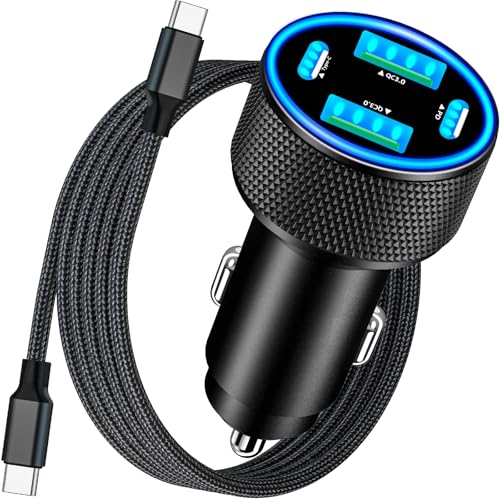 [Apple MFi Certified] iPhone 17 Car Charger, KYOHAYA 90W 4-Port Dual USB-C&USB-A Power Cigarette Lighter PD/QC3.0 UBS-C Car Charger with Type-C Braided Cord for iPhone 17/17 Pro/16 Pro/15/Galaxy/Pixel - color: Jet Black